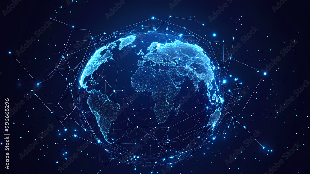 World map globe and blockchain polygon peer to peer network concept for fourth industrial revolution business banner. Industrial Revolution. Illustration World map globe and blockchain polygon peer to peer network concept for fourth industrial revolution business banner. Industrial Revolution. Illustration