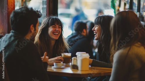 Group of friends enjoying coffee and laughter in a cozy café on a busy city street during the afternoon