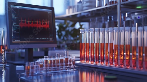 Laboratory setting with test tubes and a computer displaying scientific data.