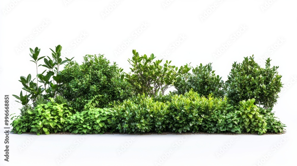 A vibrant display of neatly trimmed garden bushes featuring various shades of green arranged against a stark white backdrop, emphasizing their health and beauty