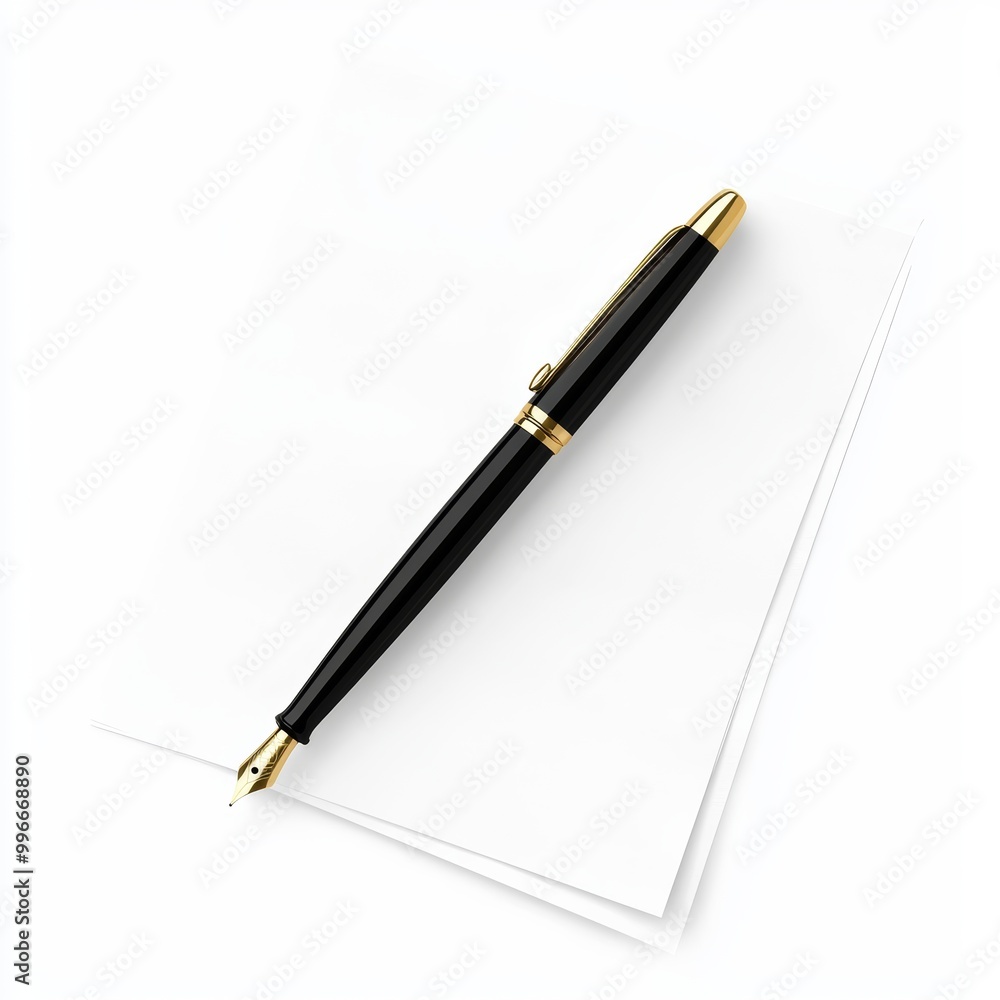 Naklejka premium An elegant fountain pen with a golden nib, resting on a blank sheet of parchment isolated on white background.