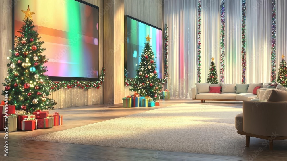 Corporate Christmas party setup, business promotions on screens, holiday decor, 3D illustration Corporate Christmas party setup, business promotions on screens, holiday decor, 3D illustration