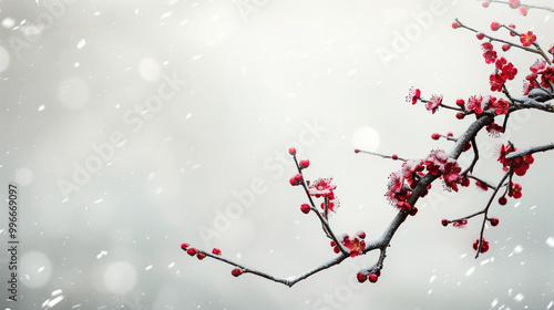 Winter's Chill: Chinese Plum Blossom in Snow-Kissed Distant Views，Christmas decoration. 