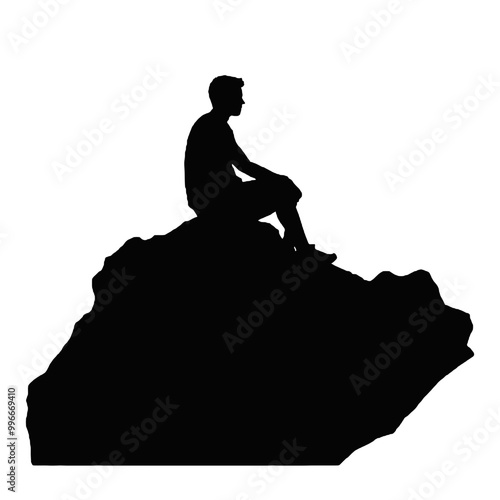 Silhouette of Man at Peace on Rock – Vector Art Isolated on White Background