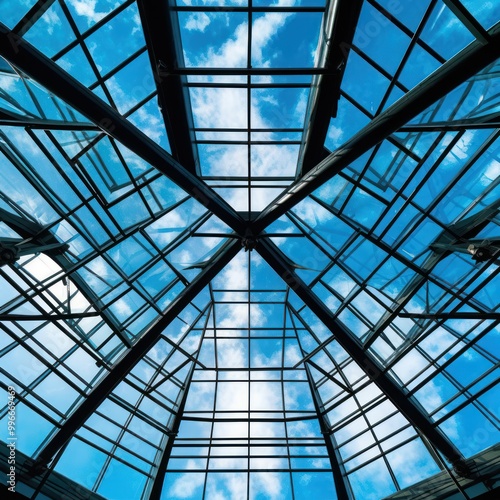 Geometric Glass Skylight with Blue Sky and Clouds