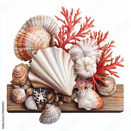 A collection of seashells and coral arranged artfully on a wooden table near the sea isolated on white background. photo