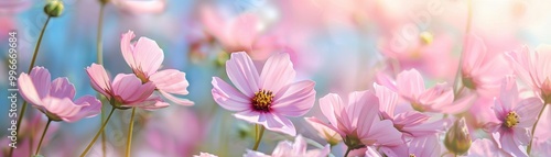 A field of pink flowers with a blue sky in the background