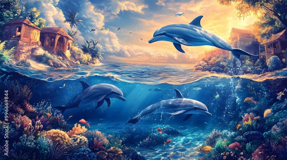 Fototapeta premium A captivating scene of a playful pod of dolphins gracefully swimming and leaping through the vibrant blue waters of a tropical underwater paradise