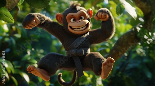 Fototapeta Naklejka Na Ścianę i Meble -  A cheerful cartoon monkey poses playfully in a lush jungle setting.