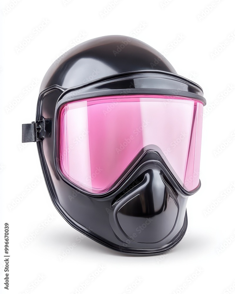 A black face mask with pink tinted lenses A black face mask with pink tinted lenses