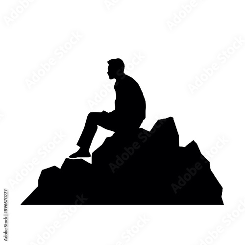 Silhouette of Man Taking a Break on Rock – Vector Illustration Isolated on White