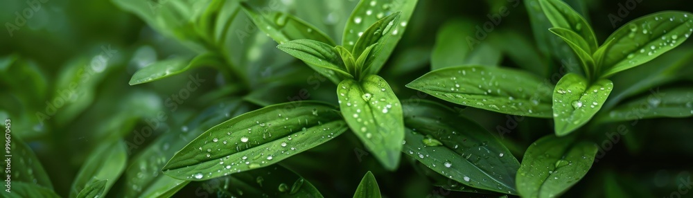 A close up of green leaves with water droplets on them A close up of green leaves with water droplets on them