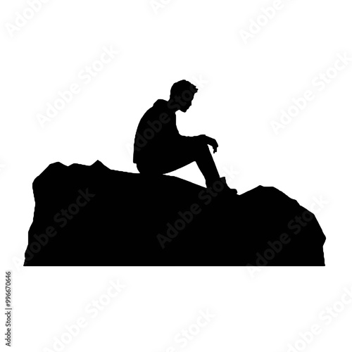 Man Taking a Break on Mountain Rock Silhouette – Vector Illustration