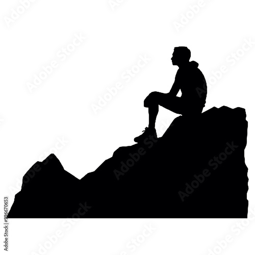 Man Taking a Break on Mountain Rock Silhouette – Vector Illustration