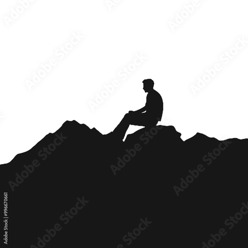 Silhouette of Man Perched on a Large Boulder – Vector Art Isolated on White