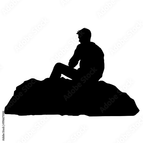 Silhouette of Man Sitting on Rough Terrain Rock – Vector Art Isolated on White