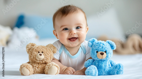 a baby smiling with a plush toy