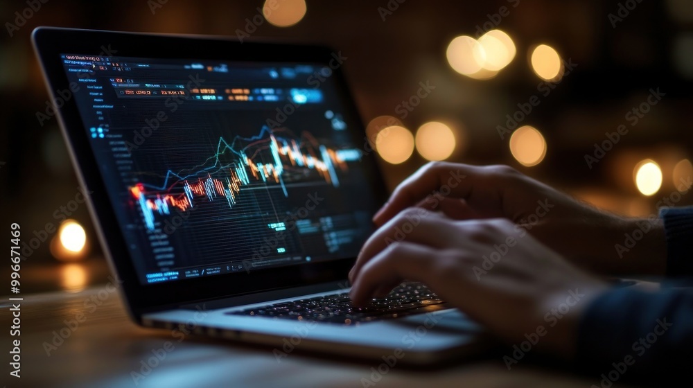 Close up of hands typing on a laptop with a stock market chart displayed on the screen, with a blurred background of warm lights. Close up of hands typing on a laptop with a stock market chart displayed on the screen, with a blurred background of warm lights.