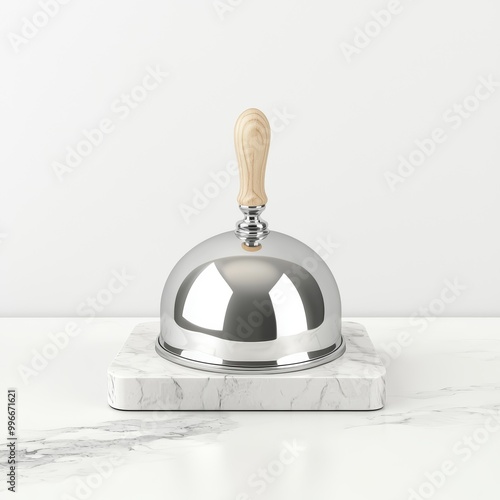 A silver-plated hand bell with a wooden handle, placed on a marble countertop isolated on white background. photo