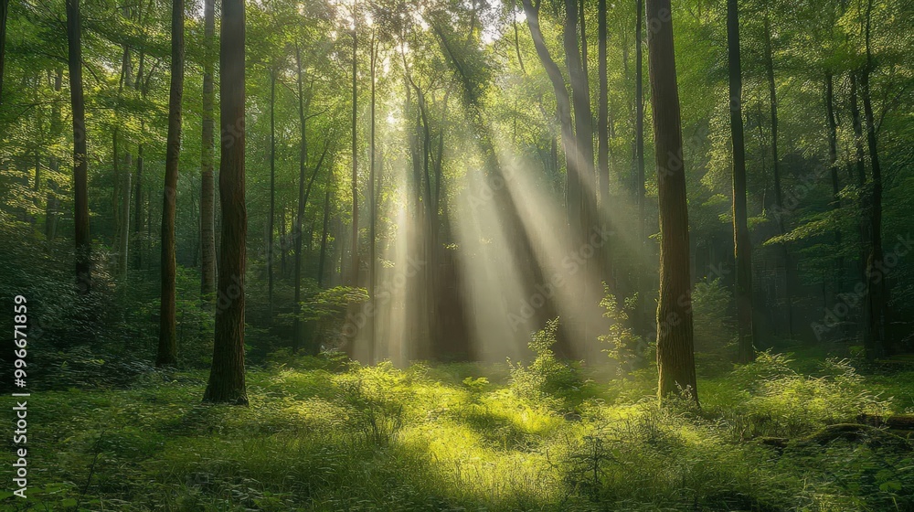 Fototapeta premium Sunlight filters through tall trees in a lush green forest creating a serene atmosphere during the early morning hours