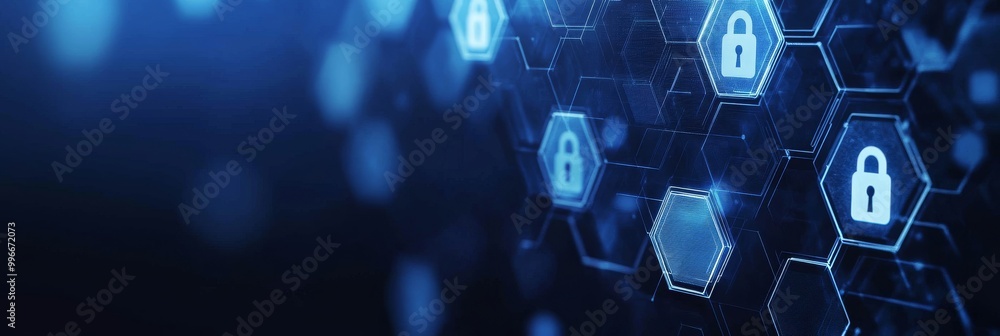 Blue digital background with hexagonal shapes and locks