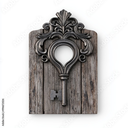 Wallpaper Mural A vintage metal keyhole with an ornate design, framed against a weathered wooden door isolated on white background. Torontodigital.ca