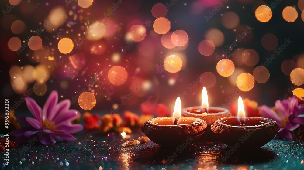 Festive Diwali background with sparkling lights, diyas, and colorful decorations Festive Diwali background with sparkling lights, diyas, and colorful decorations