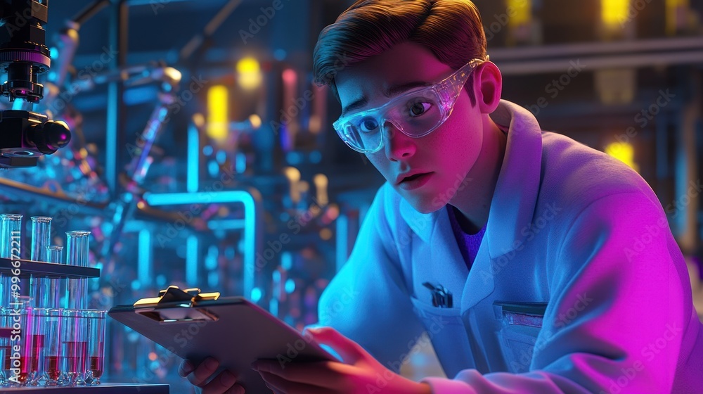Obraz premium A scientist in a lab, examining data with colorful test tubes and advanced equipment.
