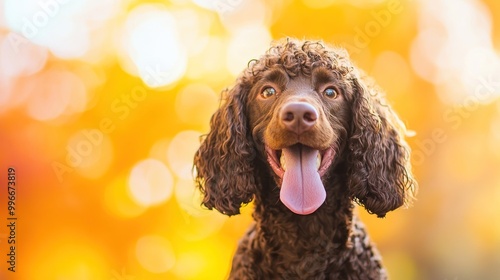 A cheerful brown dog with curly fur against a warm, blurred autumn background.