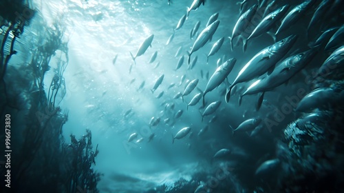 A mesmerizing scene of a bountiful school of silvery fish swimming gracefully through the serene and vibrant underwater ocean landscape creating a sense of tranquility and natural wonder