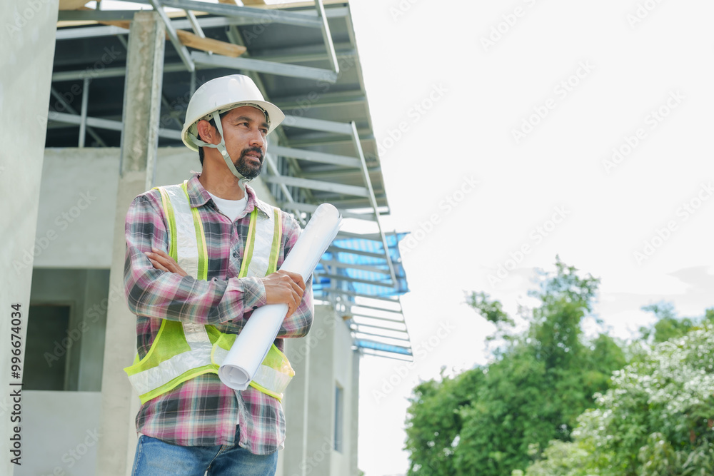 Asian male architect standing outdoors at a construction site, holding rolled-up blueprints. Wearing a safety vest and helmet, supervising the building project. partially completed structure. Asian male architect standing outdoors at a construction site, holding rolled-up blueprints. Wearing a safety vest and helmet, supervising the building project. partially completed structure.