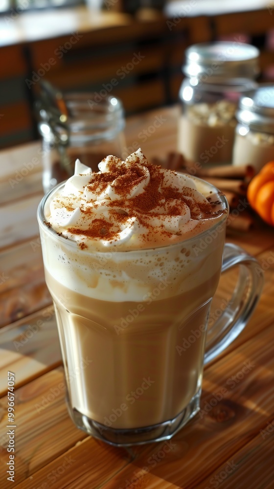 Glass of pumpkin latte. The glass stands on a wooden table, creating an atmosphere of coziness and comfort. The lighting is soft and warm, which emphasizes the autumn theme of the photo. Glass of pumpkin latte. The glass stands on a wooden table, creating an atmosphere of coziness and comfort. The lighting is soft and warm, which emphasizes the autumn theme of the photo.
