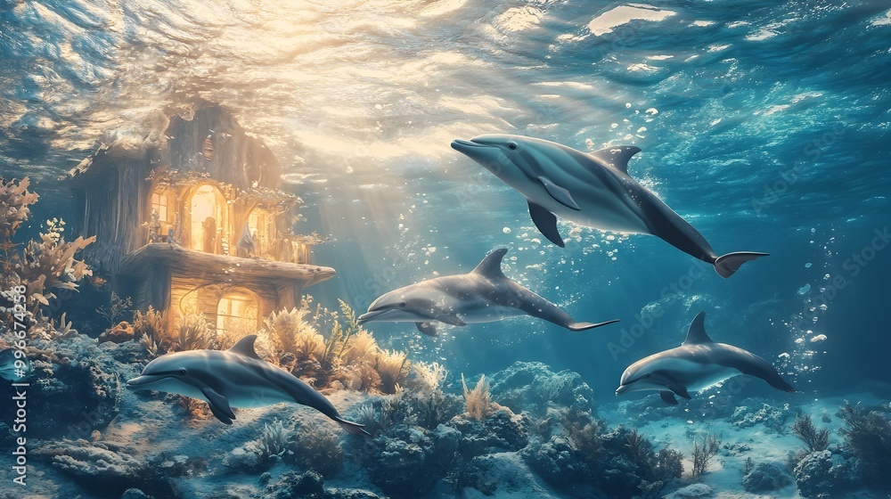 Obraz premium A pod of playful and graceful dolphins swimming freely and harmoniously in the serene and tranquil underwater ocean environment showcasing the wonder and beauty of marine life