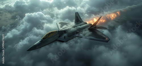 Military plane flying above clouds with a white smoke trail and dynamic angle in high resolution