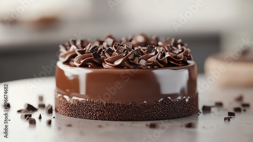 Closeup of a delicious chocolate cake with chocolate frosting and chocolate chips.