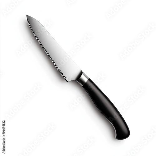 High-quality serrated knife with a sleek black handle, perfect for cutting bread or other baked goods effortlessly.