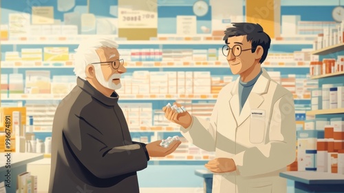 An elderly man receives medication from a pharmacist in a pharmacy setting. photo