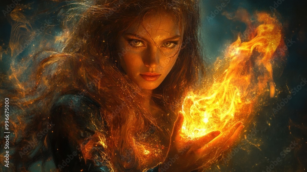 A woman with fiery red hair holds a ball of fire in her hand, sparks and light surround her. A woman with fiery red hair holds a ball of fire in her hand, sparks and light surround her.