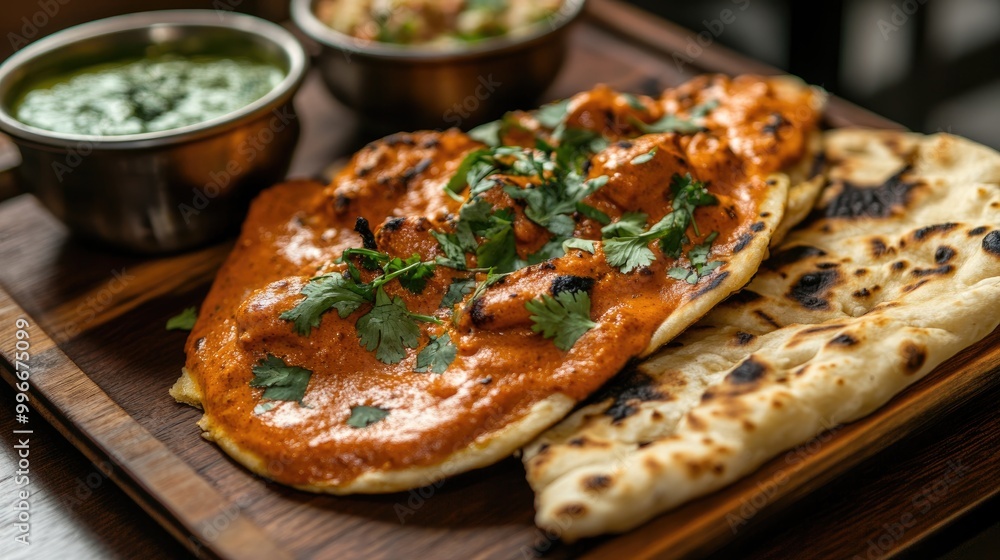 Delicious butter chicken paired with naan topped with fresh coriander and elegantly arranged on a wooden serving tray Delicious butter chicken paired with naan topped with fresh coriander and elegantly arranged on a wooden serving tray