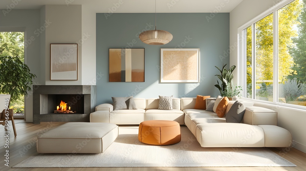 Fototapeta premium A cozy and inviting modern living room with a large comfortable sectional sofa and minimalist stylish decor The bright walls accentuate the natural light and airy feel