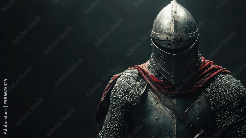 A close-up shot of a knight in full armor with a red cape, his face hidden behind his helmet. A close-up shot of a knight in full armor with a red cape, his face hidden behind his helmet.