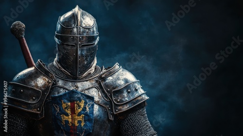 A medieval knight in full armor stands with a sword at his side against a dark, smoky background.