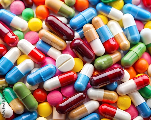 pills and capsules on a white background with copy space