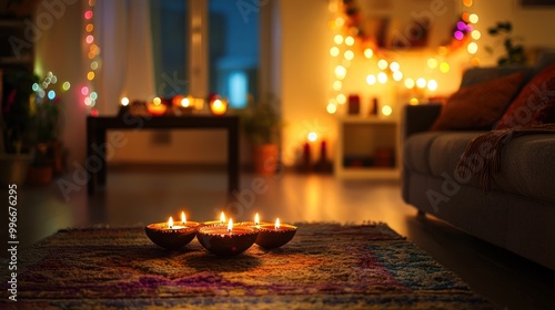 Cozy living room with Diwali decorations, diyas, and a family enjoying the festival photo