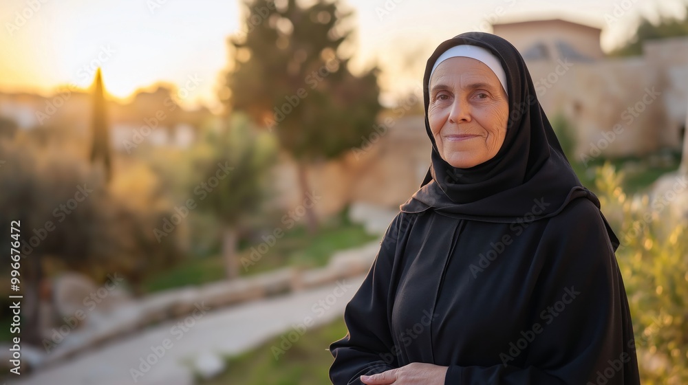 Greek Orthodox Nun at Sunset, Reflective Moment, Mediterranean Monastic Life Greek Orthodox Nun at Sunset, Reflective Moment, Mediterranean Monastic Life