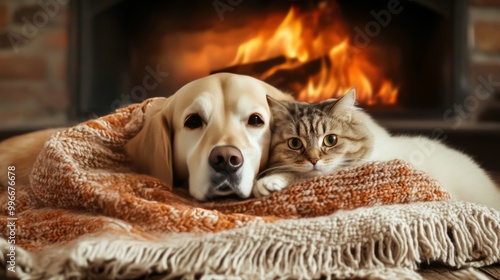 Wallpaper Mural A dog and cat cuddle up on a blanket in front of a fireplace. Torontodigital.ca