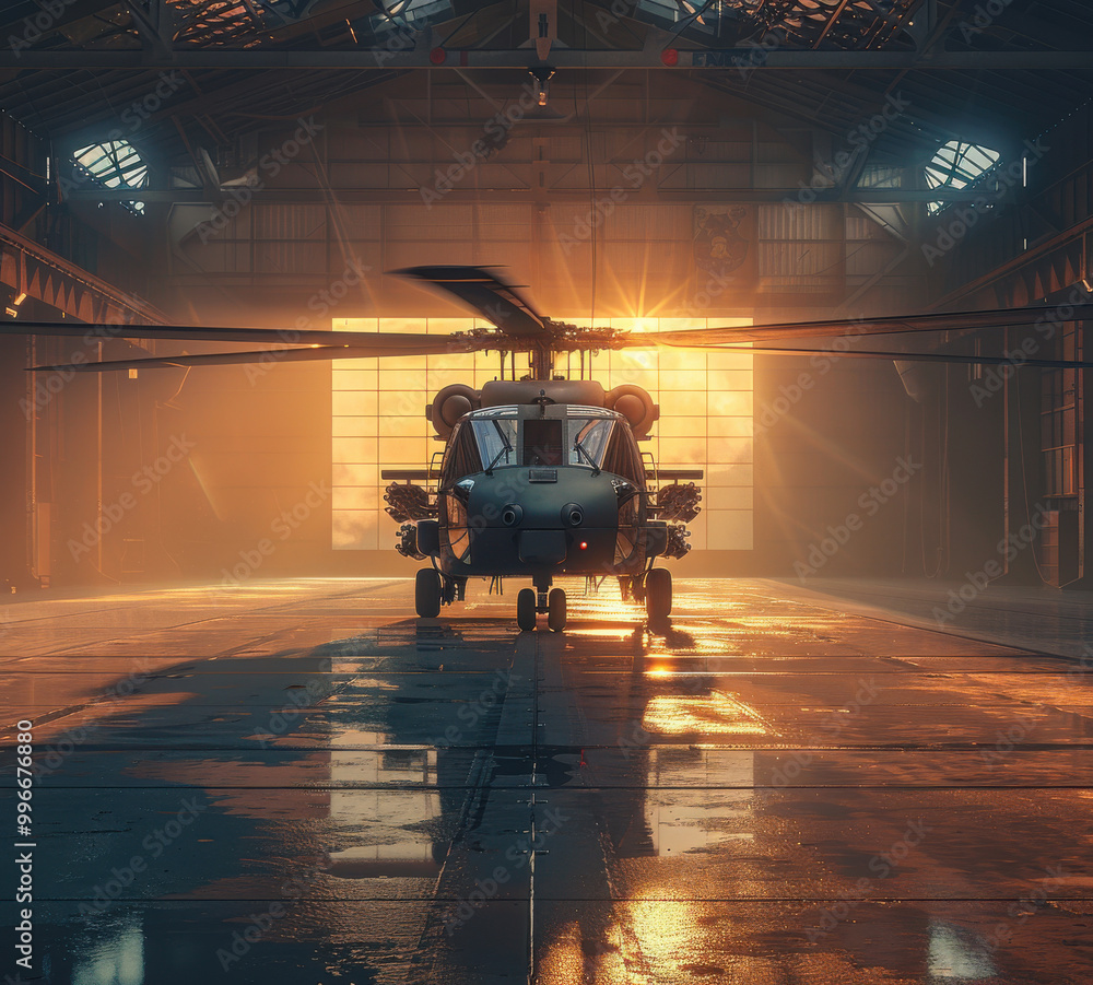 Military helicopter in an open hangar illuminated by sunlight during daylight hours Military helicopter in an open hangar illuminated by sunlight during daylight hours