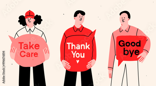 People standing and holding Speech bubbles. Gratitude text. Social media, chat, conversation, message, contact, meeting concept. Cartoon style isolated characters. Hand drawn Vector illustration