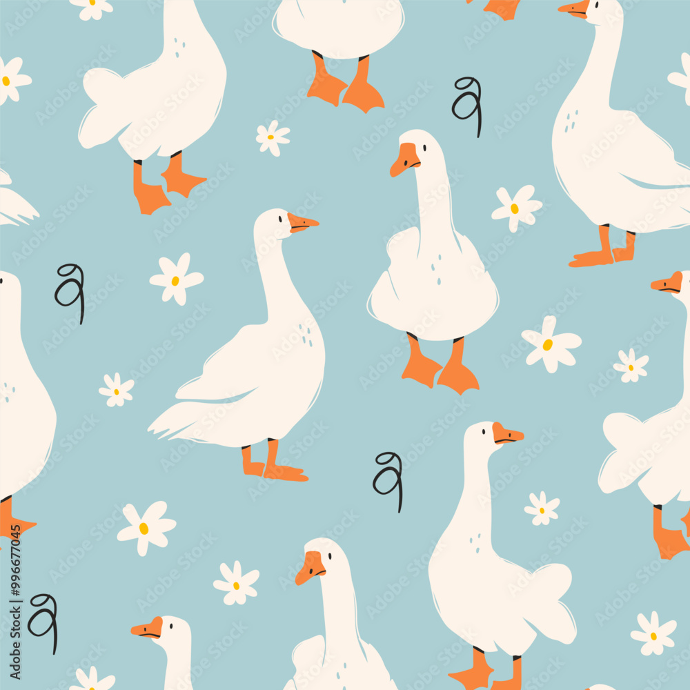 Obraz premium White geese or ducks and camomile flowers. Abstract, quirky, cartoon modern style. Hand drawn trendy Vector illustration. Square seamless Pattern, background, wallpaper