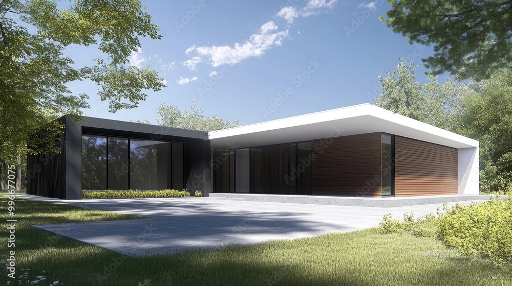 Contemporary minimalist private residence featuring a mono pitch roof and timber wood cladding on the walls Exterior design emphasizes modern residential architecture Contemporary minimalist private residence featuring a mono pitch roof and timber wood cladding on the walls Exterior design emphasizes modern residential architecture